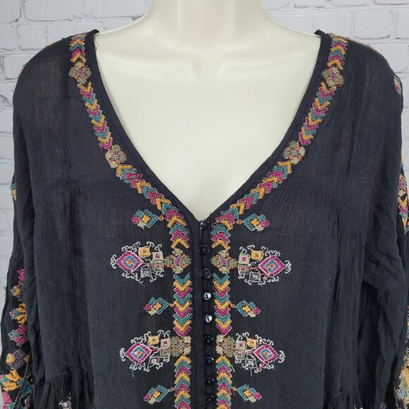 Free People Black Embroidered Long Balloon Sleeve Boho Tunic Top Blouse XS - Picture 7 of 13